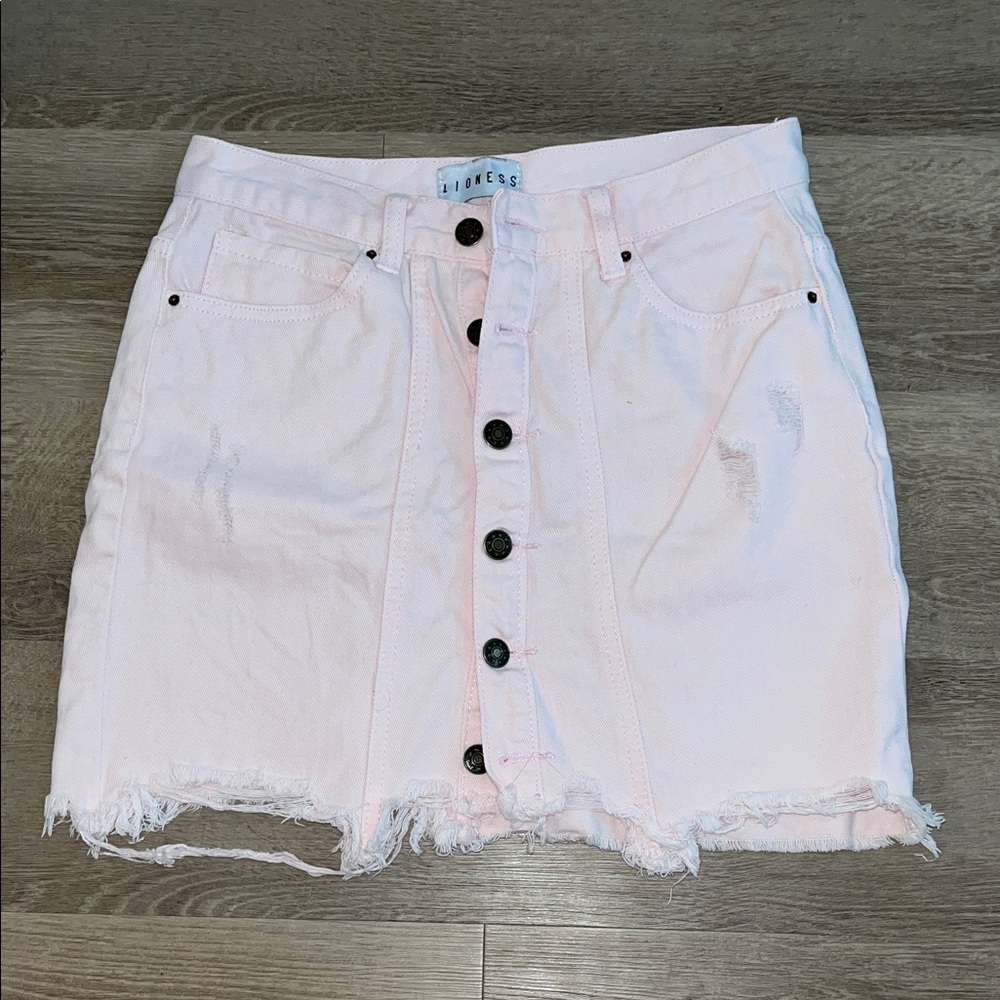 NWOT Princess Polly Pink Denim Distressed Skirt